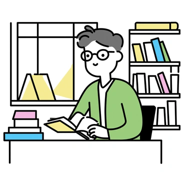 An operator, wearing glasses and a green cardigan, is seated at a wooden desk in a cozy library. He is focused on examining an open book, surrounded by stacks of books and rolled-up maps. The library has warm lighting, and the walls are lined with shelves filled with various books. A large window allows soft sunlight to illuminate the scene, creating a comfortable atmosphere.