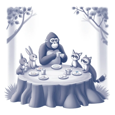 A large tree stump serves as the table for a tea party in a forest setting. A gorilla sits at the center, holding a teacup with both hands, displaying a gentle expression. Surrounding the gorilla are several forest animals, including a curious rabbit, a wise owl perched on the edge of the stump, and a playful raccoon. Each animal is engaged in the tea party, with a teapot and an assortment of small plates filled with snacks placed on the stump. The background features lush greenery, with leaves and branches framing the scene, and soft sunlight filtering through the trees, creating a warm atmosphere.