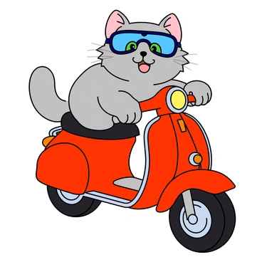A mischievous cat wearing goggles riding a tiny moped