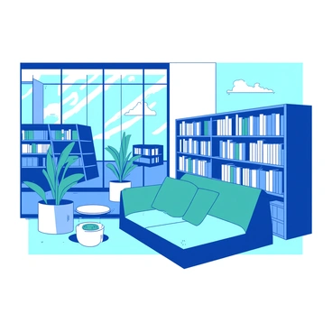 A blue modern library features a sleek, minimalist design with clean lines and large glass windows allowing natural light to flood the space. The interior showcases rows of white bookshelves filled with neatly organized books. In the center, a few teal seating areas with simple geometric shapes are arranged for reading and relaxation. Potted plants in white planters add a touch of greenery throughout the library, creating a peaceful atmosphere.