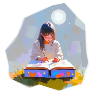 Nami sketching her dreams inside an illustrated box by the light of the moon.