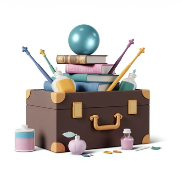 A vintage suitcase, with worn leather and brass hardware, is overflowing with various magical items. Colorful wands, intricately carved and adorned with gemstones, are peeking out from the top. Several spellbooks, their covers featuring elaborate, embossed designs, are stacked haphazardly on one another. A shimmering crystal ball, resting on top, reflects light in different colors, enhancing the enchanting atmosphere. Other mystical items, such as potion bottles filled with vibrant liquids and a feathered quill, are scattered around the suitcase, adding to the sense of wonder.