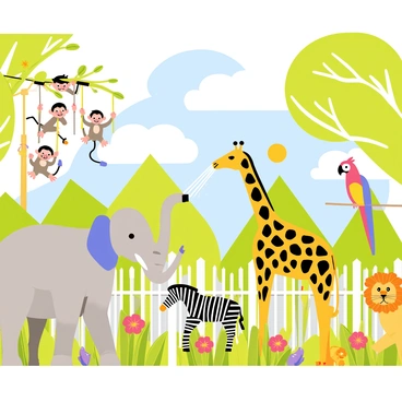A lively zoo scene featuring various animals engaging with one another. A group of happy monkeys is swinging from branches of a bright green tree. Nearby, a playful elephant sprays water with its trunk, causing a giraffe to bend down curiously. A colorful parrot perches on the fence, adding splashes of red, blue, and yellow to the scene. In the background, a zebra and a lion are seen lounging peacefully under the sun, surrounded by colorful flowers. The sky is a bright blue with fluffy white clouds drifting by.