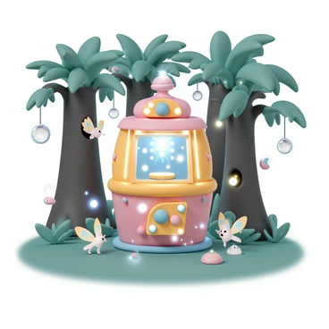 A detailed gacha machine, made of bright colors and intricate designs, stands amidst tall, whimsical trees in a mystical forest. The machine is adorned with glowing gems and shimmering lights, giving it an enchanting appearance. Tiny enchanted creatures, such as fairies with iridescent wings and small woodland animals, peek out curiously from behind the machine and around the trunks of the trees. The forest is lush with vibrant green foliage, and soft, magical lights float in the air, enhancing the mystical atmosphere.