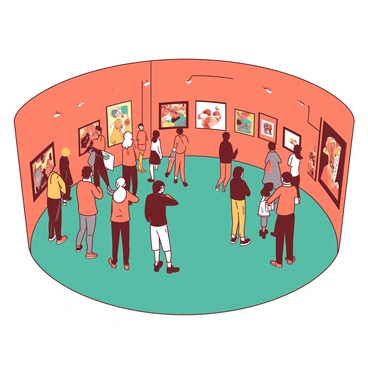 An orange art gallery is filled with various visitors engaging with the displayed artwork. The walls are adorned with vibrant paintings and photographs, all showcased in a fisheye perspective that accentuates the curvature of the room. Groups of people stand in clusters, some discussing the art while others examine the pieces closely. The floor is a contrasting teal, enhancing the overall environment of creative exploration. Light fixtures hang from the ceiling, casting bright illumination on the artworks and the visitors below.