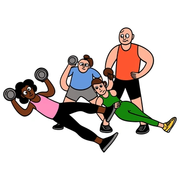 A group of diverse individuals engaged in a bent-over row exercise during a fitness class. There are four people, two men and two women, all with different skin tones and hair types. One woman with big eyes has curly black hair and is wearing a pink tank top and black leggings. She is holding a dumbbell in each hand, leaning forward with a determined expression. The second man has big eyes, light skin, and short brown hair, dressed in a blue shirt and grey shorts, also holding dumbbells and focusing on his form. Another woman with big eyes has straight brown hair tied in a ponytail, wearing a green sports bra and matching leggings, while a tall man with big eyes and shaved head, dressed in a red tank top and black shorts, is positioned beside her. They are all in an energetic environment, motivated and encouraging each other as they exercise together.