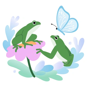 A green frog is perched on a vibrant flower with large petals. The frog has its front legs extended toward a delicate butterfly resting nearby. The butterfly has intricate wing patterns in pastel colors, contrasting with the bright hues of the flower. The scene is filled with lush greenery in the background, enhancing the colorful interaction between the frog, butterfly, and flower.