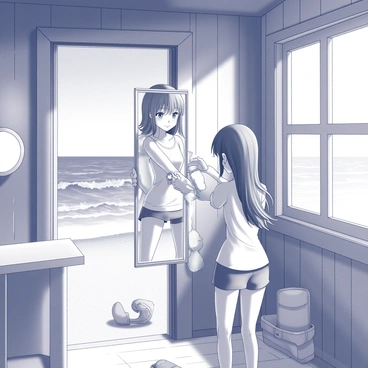 An anime girl with long, flowing hair is standing in front of a mirror inside a beach shack. She is holding a smartphone at arm's length, capturing her reflection. The girl is wearing a casual summer outfit, consisting of a light tank top and shorts. The beach shack's interior is rustic, with wooden walls and a small window that showcases ocean waves crashing against the shore outside. Sunlight filters through the window, illuminating the scene. In the background, several beach accessories such as a beach ball and flip-flops are scattered, adding to the beach atmosphere.