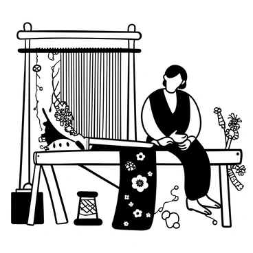 An Indian woman dressed in traditional attire is seated at a large wooden handloom, skillfully weaving a intricate sari. The handloom features a complex arrangement of threads in the warp and weft. The woman's hands are meticulously guiding the shuttle while she focuses on her work. Surrounding her are vibrant spools of thread and intricate patterns that are being formed in the sari. The room is filled with traditional weaving tools and textiles, creating an atmosphere that reflects the art of weaving.