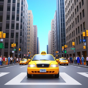 A yellow taxi cab driving through the busy streets of New York City. The cab is prominently displayed with its distinct yellow color and iconic checkered pattern on the sides. Surrounding the taxi, there are tall skyscrapers and a mix of pedestrians bustling along the sidewalks. Traffic lights and street signs are visible in the scene. The atmosphere is vibrant with other vehicles on the road and a clear blue sky overhead.