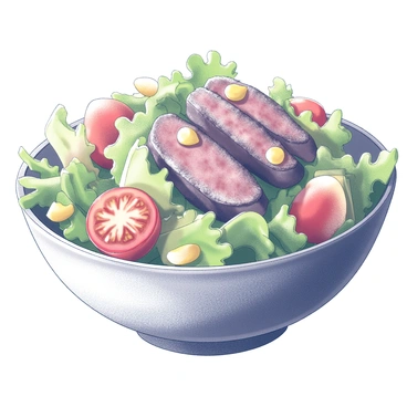 A bowl of fresh salad is filled with a mix of crisp greens and colorful ingredients. Grilled beef strips are arranged on top, their surface charred and glistening. Halved cherry tomatoes are scattered throughout, adding round shapes and contrasting textures. A vinaigrette dressing is drizzled over the salad, creating a glossy finish that clings to the leaves and toppings. The composition showcases the vivid ingredients, inviting a sense of freshness and a hearty meal.