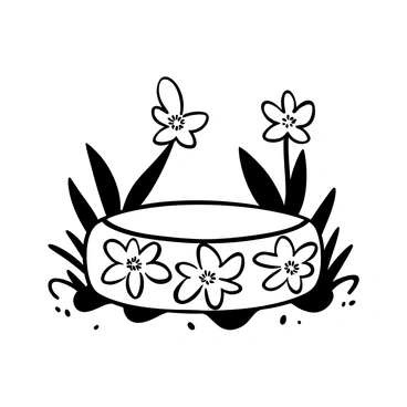 A handmade crown composed of "daffodils" placed gently on a patch of "fresh green grass." The grass has varying textures and lengths, creating a natural, organic feel. The daffodils have distinct trumpet-shaped flowers, with their petals arranged symmetrically around the center. The crown is circular, with some flowers slightly overlapping, showing the craftsmanship involved. The surrounding grass is dotted with small blades and patches, adding to the authenticity of the scene.