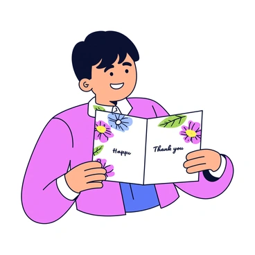 A thank-you card with a pastel-colored design is being opened by a client. The card features vibrant illustrations of flowers and cheerful patterns on the exterior. The client, a middle-aged person with short dark hair, is holding the card with both hands, displaying a smile as they look at the inside. The interior of the card contains a simple message written in elegant script, surrounded by more colorful illustrations. The setting is a bright, minimalistic environment.