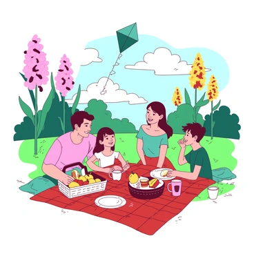 A picnic scene featuring a family enjoying their time in a park with vibrant greenery. A red and white checkered picnic blanket is spread out on the grass, adorned with a picnic basket filled with various fruits and sandwiches. The family consists of four members: a father, a mother, a young girl, and a teenage boy, all smiling and engaging with each other. In the background, there are oversized flowers with pink and yellow petals towering above the picnic area. A teal kite is flying high in the sky, held by the young girl. The sun is shining brightly, and fluffy clouds drift lazily above the scene.