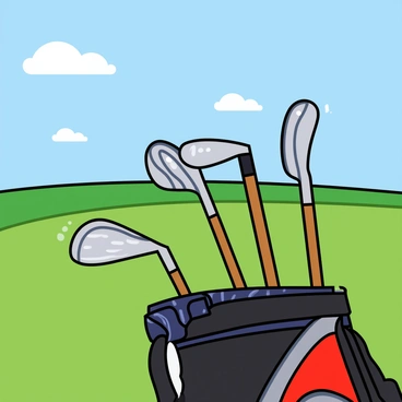 A set of shiny golf clubs with polished metal heads and sleek wooden handles is resting upright in a golf bag. The golf bag is predominantly black with colorful accents. The clubs are positioned on a lush green golf course, where the grass is vibrant and well-manicured. In the background, there is a clear blue sky with a few fluffy white clouds scattered throughout. Sunlight shines down, creating reflections on the shiny surfaces of the clubs and casting soft shadows on the grass.