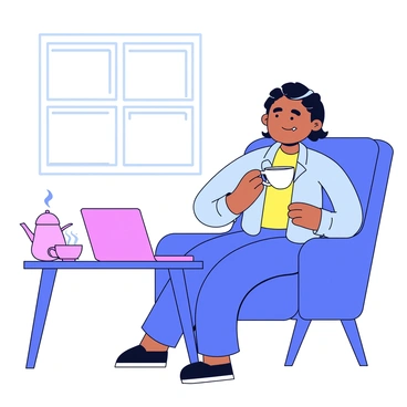 A person sitting comfortably in a cozy chair, holding a steaming cup of tea. The individual has a relaxed expression, with a slight smile, indicating satisfaction after hosting a webinar. The background features a small table beside the chair, which holds a teapot and a few delicate teacups. A laptop is closed on the table, suggesting the end of the webinar. The room has soft, natural lighting coming in through a window, creating a warm and inviting atmosphere.