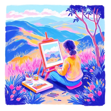 An artist is seated on a hillside, focused on sketching "a beautiful landscape of the Western Ghats." The scene includes rolling hills covered in dense "lush greenery," dotted with vibrant wildflowers. In the distance, the sky is painted with soft hues of blue, and clouds drift lazily above the peaks. The artist's easel is set up beside them, holding a partially completed drawing, while their sketchbook rests open on their lap. Scattered around are art supplies, such as colored pencils and brushes. A gentle breeze stirs the leaves of nearby trees, adding movement to the tranquil setting.