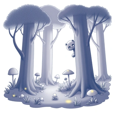 A dense forest with tall trees featuring thick trunks and sprawling branches. The foliage is abundant, creating a canopy that filters light softly. Various small, whimsical creatures can be seen, such as a tiny furry animal with large eyes peeking out from behind a tree. Other creatures, resembling small fairies or sprites, flit between the branches, their forms delicate and agile. The ground is covered in a diverse array of plants, some with large leaves and others with unusual shapes. Select plants exhibit a subtle glow, illuminating patches of the forest floor. Small mushrooms, in varying shapes, also contribute to the vibrant scene, adding to the forest's lively atmosphere.