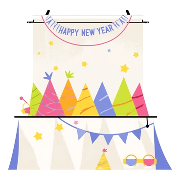 A New Year's Eve photo booth with a sparkling backdrop and party hats