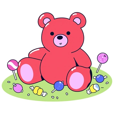 A giant gummy bear with a glossy red surface, sitting comfortably in a vibrant candy field. The bear has large, round eyes and a smiling mouth, creating a friendly expression. Surrounding the gummy bear are various colorful candies, including lollipops, jellybeans, and wrapped chocolates. The grass in the field is a soft green, dotted with patches of candy corn and sugar crystals.