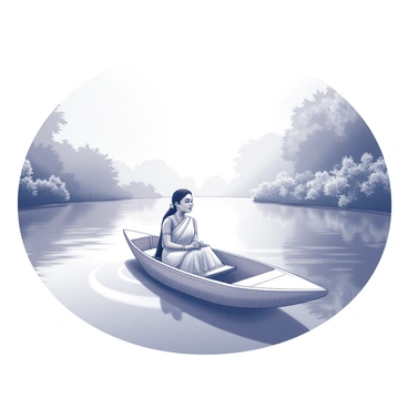 An Indian woman sitting in a small boat, gently gliding across the calm waters of a backwater canal. The woman is wearing a traditional saree, with her hair tied back neatly. She is gazing peacefully ahead, with the reflection of the surrounding trees and sky visible in the water. The boat has a simple design, made of wood, and is surrounded by lush greenery on either side of the canal. Delicate ripples form around the boat, adding a touch of movement to the tranquil scene.