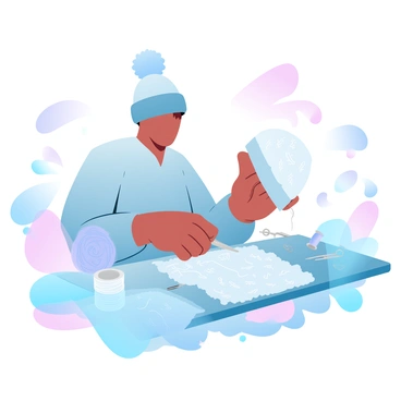 An artist is seated at a crafting table, focused intently on sewing a custom winter hat. The table is covered with vibrant yarn in various shades and pieces of fabric in multiple textures. Scattered around the artist are sewing tools, including scissors and needles, alongside spools of thread. The winter hat, partially completed, features intricate patterns and a cozy design, showcasing the artist's creativity and skill. A warm light illuminates the workspace, creating a welcoming atmosphere around the crafting table.
