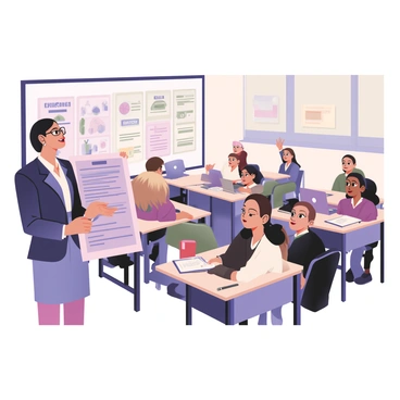 A banker is standing in front of a classroom full of high school students. The banker is a middle-aged woman with short, dark hair, wearing a navy blue blazer and glasses. She is holding a large poster with colorful graphics illustrating concepts of "saving" and "investing." The classroom is bright, with large windows allowing natural light to flood in, and there are educational posters on the walls about finance. The students, a diverse group of boys and girls, are seated at their desks, looking engaged and taking notes. Some students have laptops open, while others have pens and notebooks in front of them. The atmosphere is focused, with a few students raising their hands to ask questions. A whiteboard in the background has key financial terms written in clear, bold letters.
