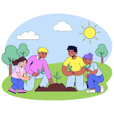 A family is planting young saplings in a community park. The scene shows two adults and two children, all wearing light clothing suitable for a sunny day. Each family member is holding a small sapling, ready to plant it in the ground. The adults are kneeling beside the newly dug holes, while the children are grinning with excitement. The sun is shining brightly, casting soft shadows on the grass. In the background, there are a few fluffy clouds in the blue sky and several other trees and plants in the park.