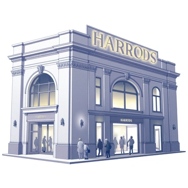 The exterior of Harrods is depicted with its grand, ornate architecture. The building features intricate stone carvings and large arched windows, showcasing its iconic design. Illuminated signage is prominently displayed across the facade, casting light against the building. Dusk enhances the scene, with a gradient of fading light in the sky, adding a dramatic effect to the overall composition. Visitors can be seen entering the building, adding a sense of activity to the image.