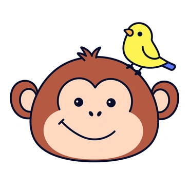 A friendly monkey face with large, expressive eyes and a wide smile. The monkey has soft brown fur and a round face. Perched on the monkey's shoulder is a small pet bird with bright yellow feathers and a tiny beak. The bird looks content, leaning slightly towards the monkey. The background is simple and unobtrusive, allowing the characters to stand out.