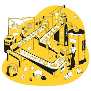 A large candy factory interior filled with machines and conveyor belts. The conveyor belts are transporting various types of sweets, including gumdrops, lollipops, and chocolate bars. Workers in uniforms are seen inspecting the candies as they move along the belts. There are large containers filled with ingredients and equipment for candy production in the background. The atmosphere is bustling with activity, with various tools and packaging materials scattered around.