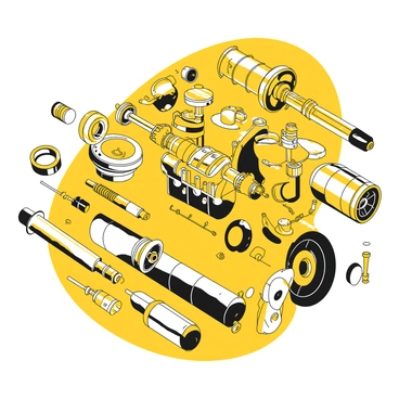 An exploded view of a motorcycle engine with all components displayed separately. The engine is comprised of various parts including the crankshaft, pistons, camshaft, and cylinder head, all accurately positioned to showcase their individual details. Each component is labeled clearly. The arrangement is symmetrical, allowing for a comprehensive understanding of the engine's structure. The background is neutral to emphasize the intricate details of the motorcycle engine without any distractions.