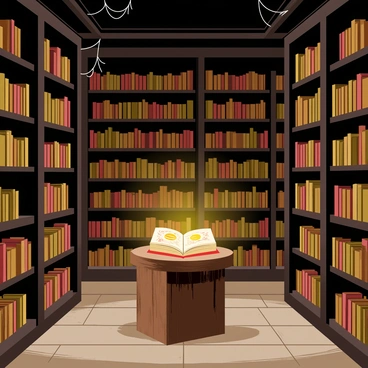 An ancient library filled with tall, dusty bookshelves laden with numerous old books. Each bookshelf is made of dark wood, and some books are stacked haphazardly while others are neatly aligned. In the center of the library, there is a wooden pedestal that holds a single mysterious book. This book emits a soft, glowing light, illuminating its intricate cover that features ornate patterns and symbols. The floor is made of worn stone tiles, and cobwebs can be seen in the corners of the ceiling, adding to the atmosphere of age and mystery in the space.