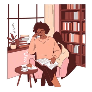 A black woman with curly hair is sitting in a cozy corner of a coffee shop, deeply engrossed in a book. She is wearing a warm, oversized sweater in a soft hue, and her glasses sit delicately on her nose. Next to her, there is a steaming cup of coffee on a small wooden table, alongside a small brown plate with a pastry. The corner features a plush armchair surrounded by tall bookshelves filled with various books and a large window that lets in soft, warm light. A small potted plant sits on the windowsill, adding a touch of greenery to the space.