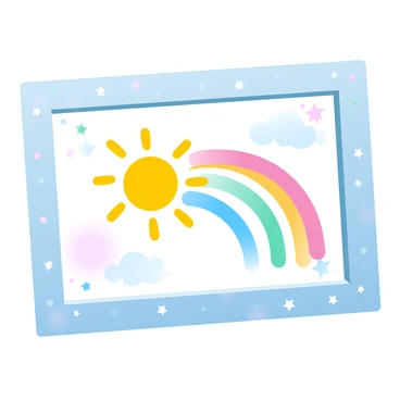 A cheerful frame surrounds a child's colorful drawing featuring a large sun with vibrant yellow rays and a wide rainbow with multiple colors arching across the page. The frame is decorated with playful patterns, including stars and clouds, adding to the joyful theme. The drawing is displayed on a wooden surface, and bright light reflects softly off the frame, enhancing the overall cheerful atmosphere.