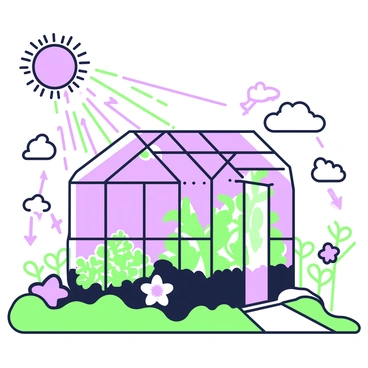 An illustration depicting the greenhouse effect. The scene includes a large greenhouse structure made of glass, with a visible framework. Inside, there are various plants such as green ferns and flowering plants. Above the greenhouse, a sun is emitting rays towards the structure. The rays are shown being partially absorbed by the greenhouse, while arrows indicate heat being trapped inside. Additionally, there are clouds depicted outside the greenhouse, along with arrows representing carbon dioxide molecules surrounding the structure. The overall composition clearly illustrates the concept of heat being trapped within the greenhouse environment.