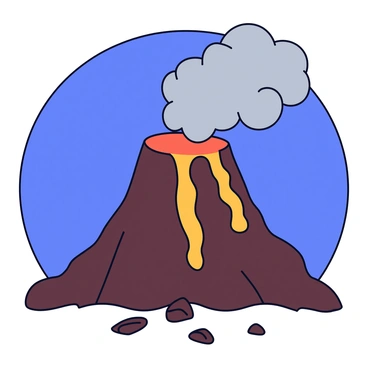 A volcano with a rugged, dark brown surface is erupting violently. Bright orange lava flows down the sides of the volcano, creating a stark contrast against the dark rock. Thick, gray ash clouds billow upwards into the sky, forming a dramatic plume. The background is filled with a vivid blue sky, partially obscured by the ash clouds. In the foreground, the ground is covered with scattered rocks and debris, highlighting the intensity of the eruption.