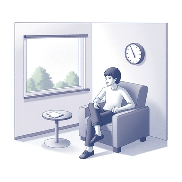 A quiet room with neutral walls and minimal furnishings. In the center, a person sits in a comfortable chair, legs crossed and hands resting on their knees. Their eyes are closed, and they have a focused expression. The room is softly illuminated, casting gentle shadows. A small table beside them holds a notepad and a pen. A window allows a glimpse of nature outside, with greenery visible in the distance. A clock on the wall shows the time, indicating a moment of calm before the speech.