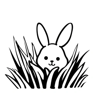 A pair of fluffy bunny ears is peeking out from behind tall grasses. The grasses are lush and vary in height, creating a natural setting. The ears are soft and rounded, with fine fur texture shown in detail. There are a few blades of grass bending slightly as if stirred by a gentle breeze. The surroundings suggest a serene atmosphere, enhancing the focus on the bunny ears.