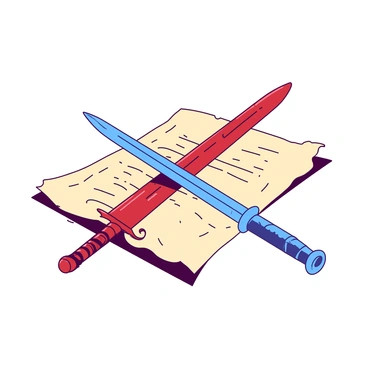 A pen and sword crossed over a parchment, symbolizing the power of words versus might