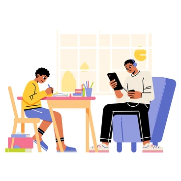 A child sitting at a small wooden desk with colorful stationery, carefully writing a letter with a blue crayon. The child's expression is focused and thoughtful as they concentrate on forming each letter. Nearby, a teenager is sitting on a comfortable chair, leaning back slightly while texting on a sleek black smartphone. The teenager has a relaxed posture, with one leg crossed over the other, and wears headphones around their neck. The room is filled with a cozy atmosphere, with a window showing a sunny day outside. A few scattered art supplies and books are visible around the child’s desk, adding to the scene.
