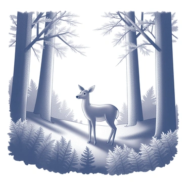 A forest scene with tall trees reaching towards the sky. The area is dense with lush ferns covering the ground. In the center of the composition, there is a deer standing calmly among the greenery. The deer has a slender build with large, expressive eyes. Sunlight filters through the branches, casting intricate shadows on the forest floor.