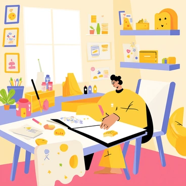A bright and colorful artist's workspace is filled with various cheese-themed artworks. The walls are adorned with framed illustrations of different types of cheese, including cheddar, brie, and blue cheese. There are wooden shelves displaying quirky cheese sculptures and models. Inspiration boards covered in sketches and magazine clippings feature vibrant cheese-related designs and ideas. A large wooden table is scattered with paint tubes, brushes, and a sketchbook open to a drawing of a whimsical cheese character. A cozy chair sits in the corner, draped with a cheese-patterned throw blanket. Natural light streams in through a window, illuminating the creative atmosphere.