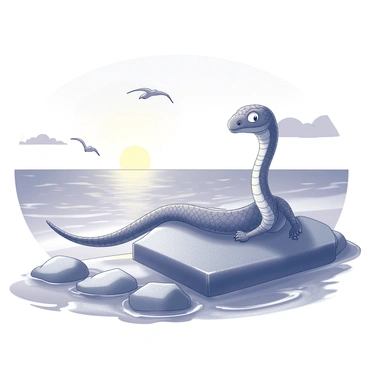 A sea serpent, elongated and gracefully curved, is lounging on a rocky outcrop by the ocean. Its scales are detailed and textured, reflecting the light of the setting sun. The serpent's head is raised, with large, expressive eyes gazing towards the horizon. Waves gently lap at the rocks, creating ripples in the water. In the background, the sun is just above the horizon, casting a warm glow over the scene. The sky is filled with soft clouds that frame the sunset, while seagulls can be seen flying low over the water.