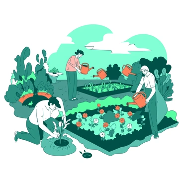 A teal community urban garden in Helsinki is filled with various colorful patches of flowers and vegetables. Several people are actively planting; one person is digging a small hole in the soil, while another is gently placing a vibrant flower into the earth. In the background, a group of individuals is watering the plants with orange watering cans. The sky above is clear, contrasting with the lively green foliage of the garden.