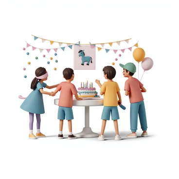 Children playing party games like pin the tail on the donkey at a vibrant birthday celebration