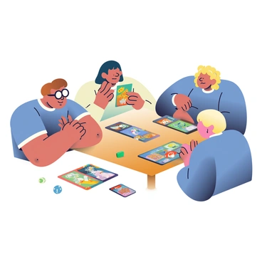 A group of four players is sitting around a wooden table, intensely focused on a fantasy card game featuring mythical creatures. To the left, a player with short brown hair and glasses is holding a card depicting a dragon, their eyes wide with concentration. In the center, a player with long black hair is pointing at a card showing a unicorn, discussing strategy with an enthusiastic expression. On the right, a player with curly blonde hair is leaning forward, studying their hand of cards that includes a phoenix. Scattered around the table are various game pieces, including dice and tokens. The ambiance is lively, with colorful card designs that showcase different mythical creatures filling the tabletop.