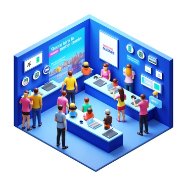 A Samsung store interior filled with bright lighting and sleek, modern displays. Shoppers are interacting with a variety of the latest gadgets, including smartphones, tablets, and smartwatches. Some individuals are exploring virtual reality headsets, while others are testing the features of new laptops. The atmosphere is lively, with a diverse group of people, including families and tech enthusiasts, discussing the devices. Large promotional screens showcase the newest products, and there are well-organized sections for each category of technology.