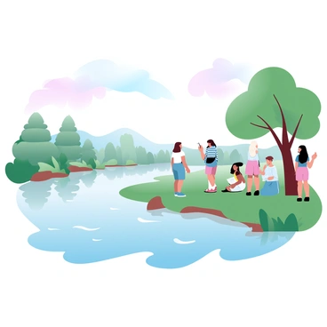 A group of students is walking along the Garonne riverbank, each carrying a sketchbook. The river flows gently beside them, reflecting soft pastel colors. Some students are sitting on the grass, sketching the scenery around them. Others are standing and discussing their artwork. Lush greenery lines the riverbank, and a few trees provide shade. The sky above is filled with gradient pastel hues, creating a tranquil atmosphere.