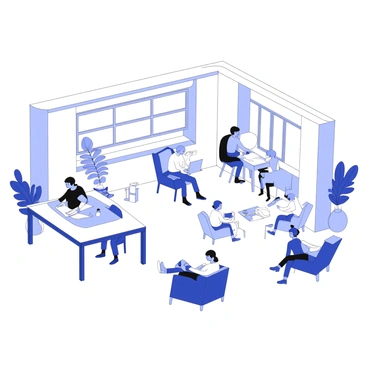 A modern co-working space filled with diverse individuals engaged in various activities. In the center, a person is sitting at a sleek desk, intensely focused on a laptop. Nearby, another individual is wearing virtual reality gear, fully immersed in a digital experience. Along the walls, there are large windows allowing natural light to flood the space, illuminating different seating areas where other people are collaborating or working independently. Some individuals are discussing ideas around a table, while others are lounging on comfortable chairs, deep in thought. The interior features minimalist furniture and greenery, enhancing the contemporary atmosphere.